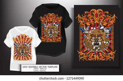 T shirt design.for print.Japanese style.head Tiger with sakura,retro frame style art background.Mock up Black t shirt and Graphic printing.vector.illustration.japanese Translation:tiger
