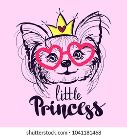 t shirt design with puppy pet line drawing. little princess illustration. animal wallpaper. pretty girl dog Yorkshire terrier with crown, heart, sunglasses. 