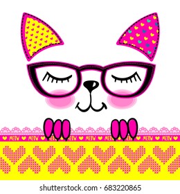 t shirt design with pussy cat face. Girlish fancy illustration. Colorful childish design with animal face, glasses, knitted hearts. Pet poster.