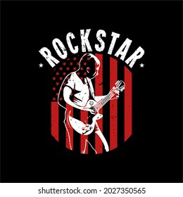 t shirt design rockstar with man playing guitar and black background vintage illustration