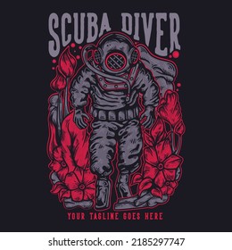 t shirt design scuba diving with diver man walking wearing diver suit with black background vintage illustration