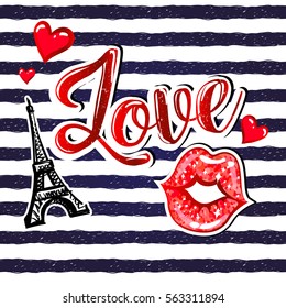 t shirt design with seamless stripes pattern, comics patch badges Eiffel Tower, calligraphic word Love, kiss lips with glitter, hearts. Creative original design for girls, fashion clothes