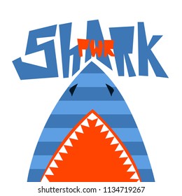 t shirt design Shark power. Catoon style. underwater poster. Raptory mouth with fangs tooth. 