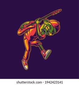 t shirt design side view of a zombie playing guitar with a downward looking position illustration