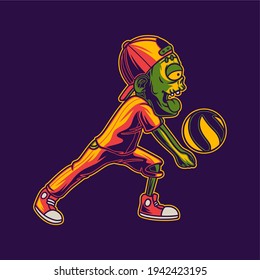 t shirt design side view of zombies with a lower passing position volleyball illustration