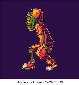 vista lateral de diseño de camisetas de zombies jugando baloncesto en ilustración de posición de goteo