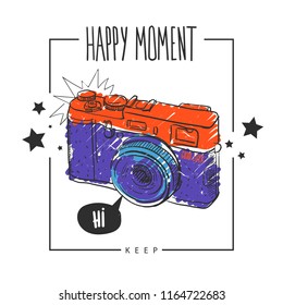 t shirt design with sketch camera print, stars, frame, text Happy moments. photo poster.