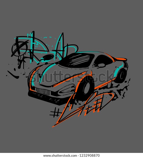t shirt design with sketch car illustration and
graffiti text Road speed.