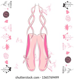 T shirt design. Sketch silhouette hand drawn pointes shoes, bow in pink colors.
