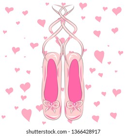 T shirt design. Sketch silhouette hand drawn pointes shoes, bow in pink colors.