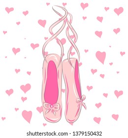 T shirt design. Sketch silhouette hand drawn pointes shoes, bow in pink colors.