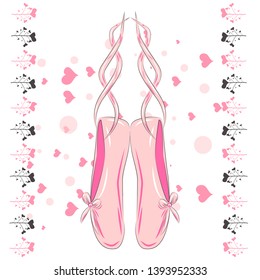 T shirt design. Sketch silhouette hand drawn pointes shoes, bow in pink colors.