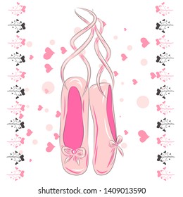 T shirt design. Sketch silhouette hand drawn pointes shoes, bow in pink colors.