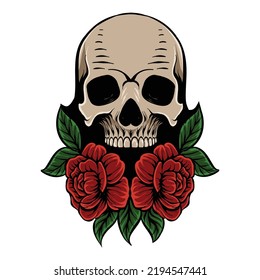 t shirt design skull with rose vector illustration