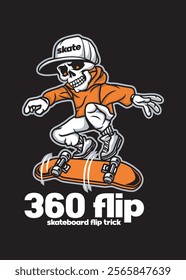 t shirt design skull skatebord 360 flip trick