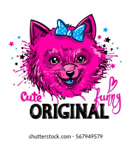 t shirt design with smile face of girlish dog drawn in blue and pink colors. Cute, funny, original text. Creative fashion style for children, girl, teenager