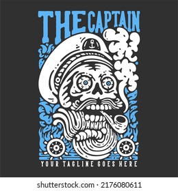 t shirt design with smoking bearded skull sailor captain with gray background vintage illustration