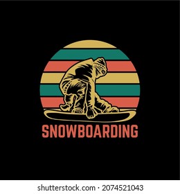 t shirt design snowboarding with snowboarder and black background vintage illustration