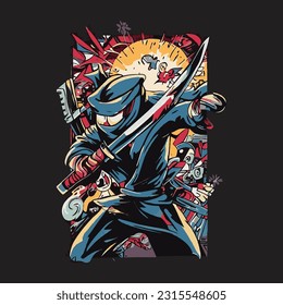 t shirt design in the style of Japanese comics and animation with a ninja theme