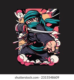 t shirt design in the style of Japanese comics and animation with a ninja theme