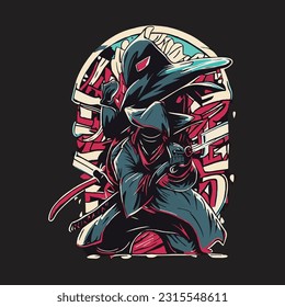 t shirt design in the style of Japanese comics and animation with a ninja theme