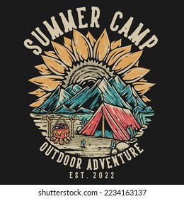 T Shirt Design Summer Camp Outdoor Adventure With Tent And Mountains Vintage Illustration