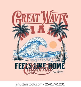 t shirt design for summer mood. vintage retro typography text print. big waves in the beach print. palm eco beach resort. hand drawn sea waves