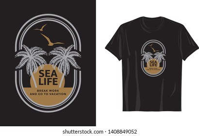 T Shirt design sunset on beach with coconut tree silhouette illustration vector