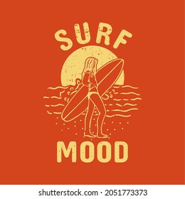 t shirt design surf mood with surfer under sunset vintage illustration