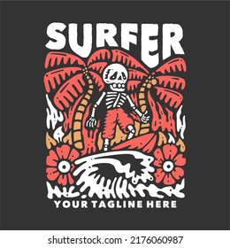 T Shirt Design Surfer With Skeleton Doing Surfing With Gray Background Vintage Illustration