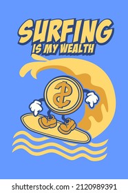 t shirt design SURFING COIN CARTOON
