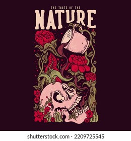 Camisas En T Diseñan El Sabor De La Naturaleza Con El Café De La Planta En La Ilustración De La Vintage Del Cráneo