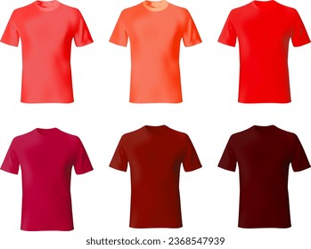 T shirt design template. Set men shirts red color. Realistic mockup tshirt model male fashion vector.