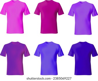 T shirt design template vector. Set men shirts blue, purple, pink color. Realistic mock up tshirt model male fashion.