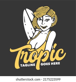 t shirt design tropic with woman smiling in bikini and gray background vintage illustration