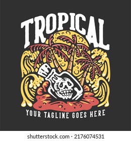 t shirt design tropical with skull in the bottle on the beach with gray background vintage illustration