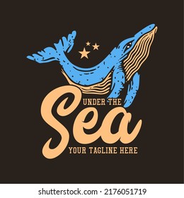 t shirt design under the sea with whale and brown background vintage illustration