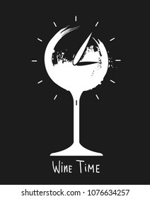 T shirt design for vine lovers. Wine time poster with decorative glass, spray paint ink inside shape and clock hands. black and white illustration