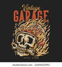 T Shirt Design Vintage Garage mit On Fire Skull Tragen Helm Vintage Illustration