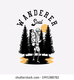 t shirt design wanderer soul with hiking skeleton vintage illustration