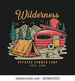 T Shirt Design Wilderness Outdoor Summer Camp With Illustration Of Camp Area Vintage Illustration