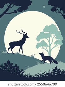 T Shirt Design, Wildlife Silhouettes Deer and fox silhouettes in front of a glowing moon