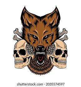 T Shirt Design Wolf With Skull And Mandala Illustration