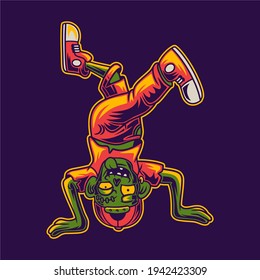 t shirt design zombie with feet on top break dance illustration