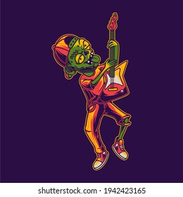 t shirt design zombies playing guitar in a jumping position illustration