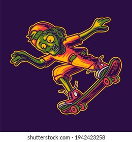 t shirt design zombies skateboarding with flying style in the air illustration