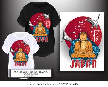 T shirt design.Japanese style.for print Great Buddha with sea sun and Sakura flower background.Mock up Black and white T shirt and Graphic printing.vector.illustration.Japanese Translation: Buddha