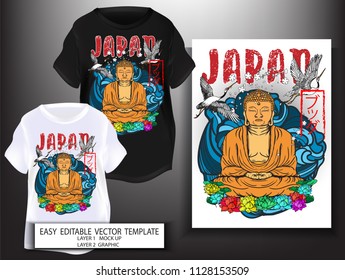 T shirt design.Japanese style.for print Great Buddha with sea sun and Sakura flower background.Mock up Black and white T shirt and Graphic printing.vector.illustration.Japanese Translation: Buddha