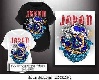 T shirt design.Japanese style.for print 
 King  Dragon (Ryu) with sea and Sakura background.Mock up Black and white T shirt and Graphic printing.vector.illustration.Japanese Translation: Dragon