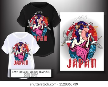 T shirt design.Japanese style for print.Geisha with Lotus and Sakura background. Mock up Black and white T shirt with Graphic printing. Vector illustration. Japanese Translation: Geisha